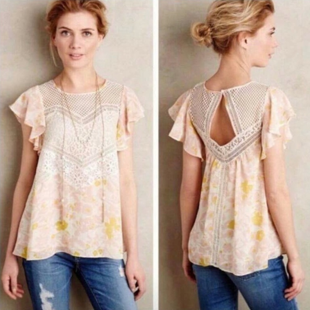 Anthropologie | HD in Paris Lace Bib Flutter Sleeve Top Sz 10 Pink White Floral